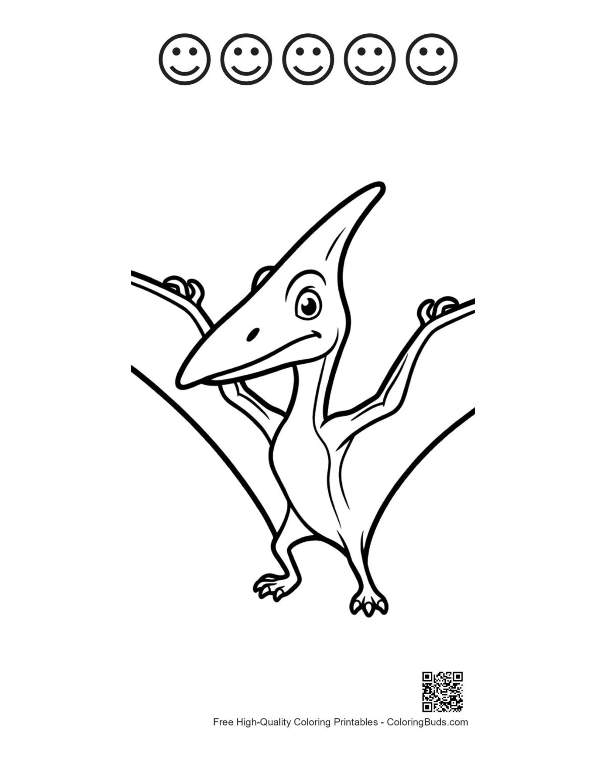 5 happy face outlines on Pteranodon spreading wings coloring printable