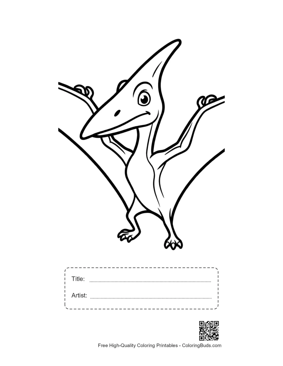 Cheerful Pteranodon printable with title and artist signature box
