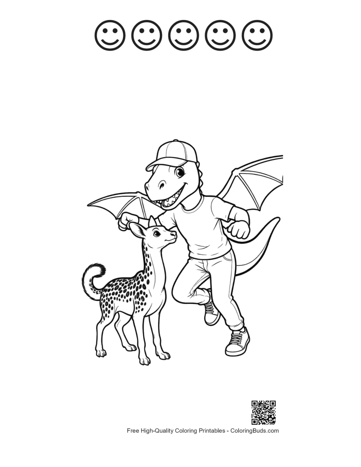 Cute Pterodactyl coloring page with happy faces