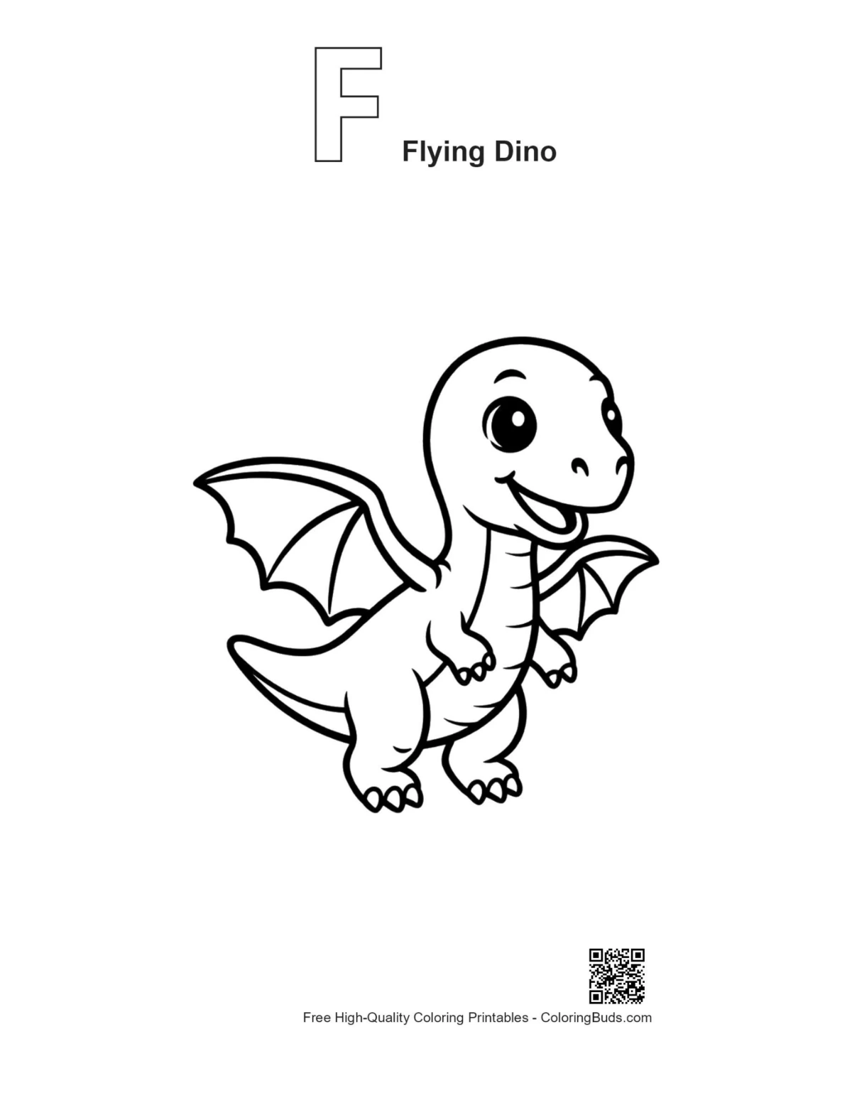 Baby pterodactyl outline with alphabet F Flying Dino