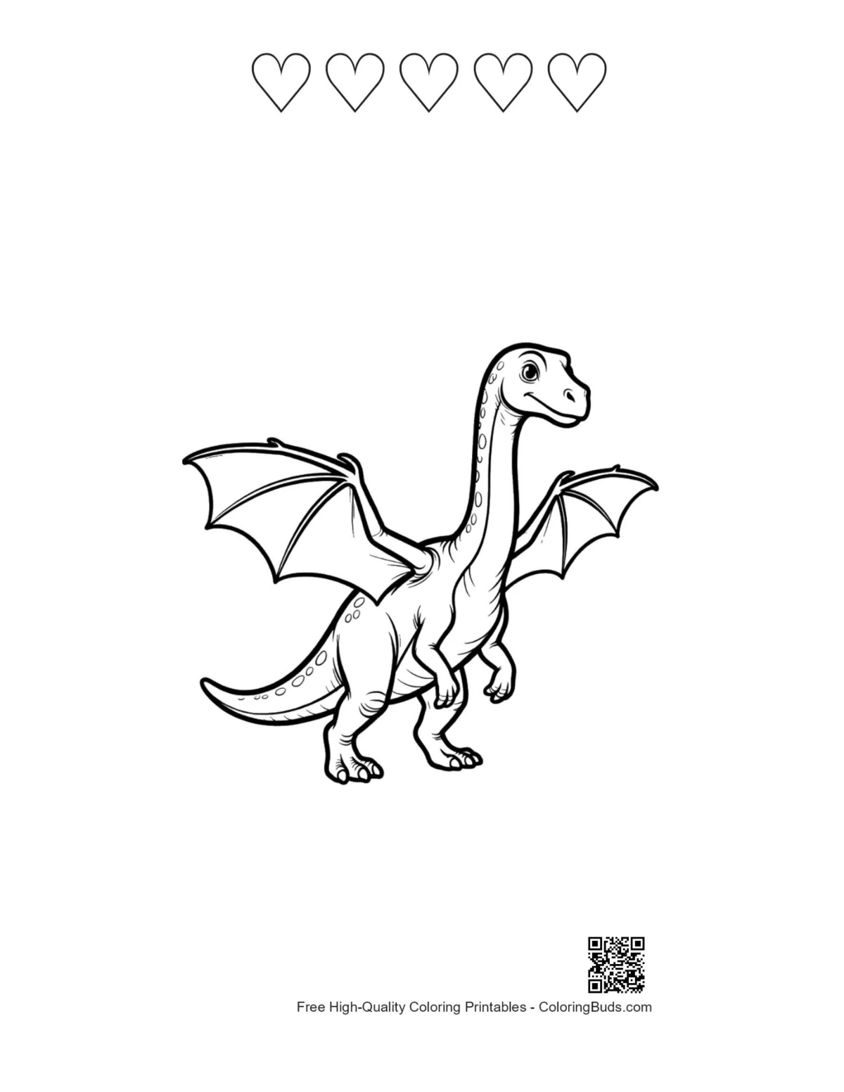 Printable cute Pterodactyl with heart outlines