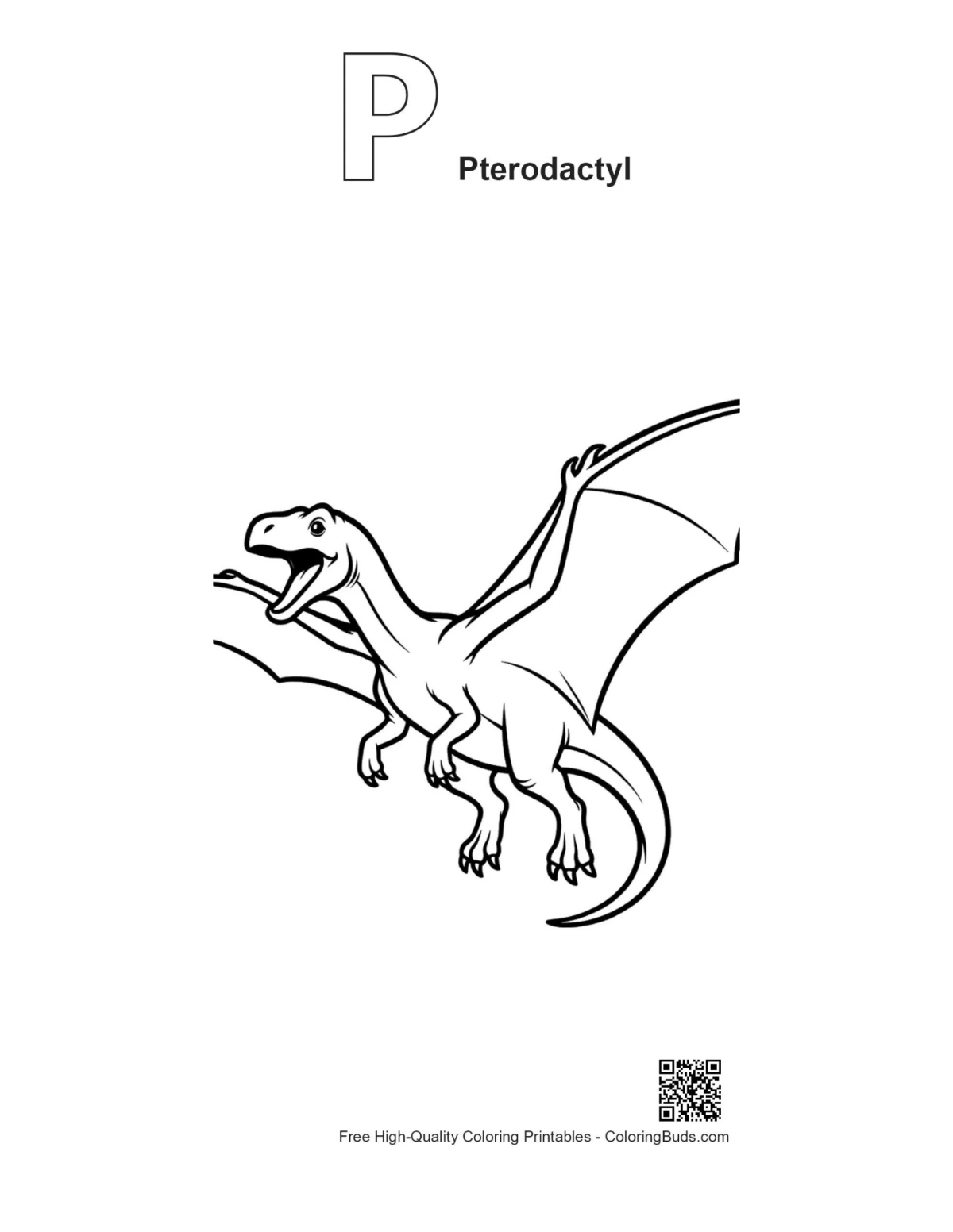 Excited Pterodactyl alphabet P printable coloring page