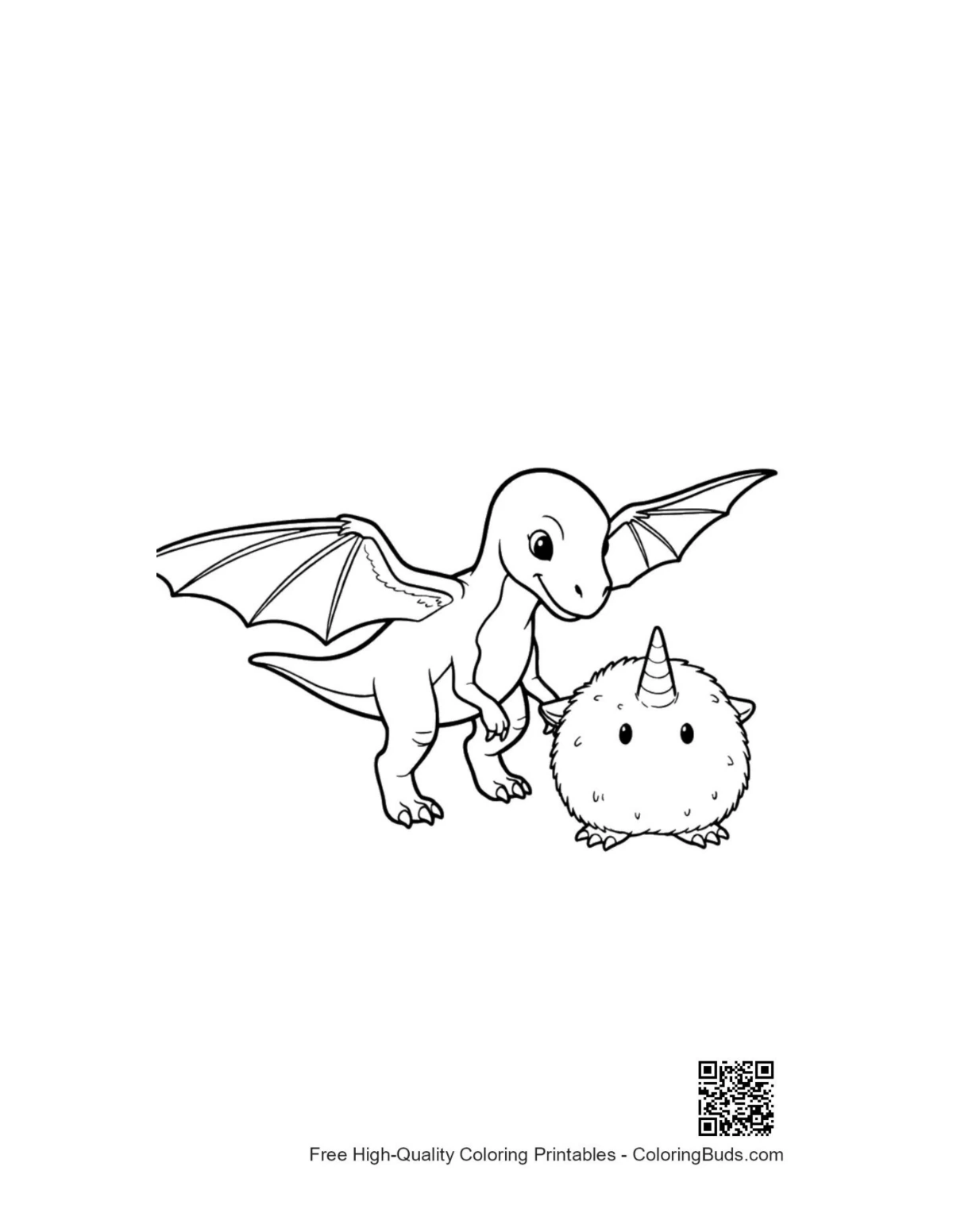 Cute Pterodactyl and fluffy unicorn friends coloring page