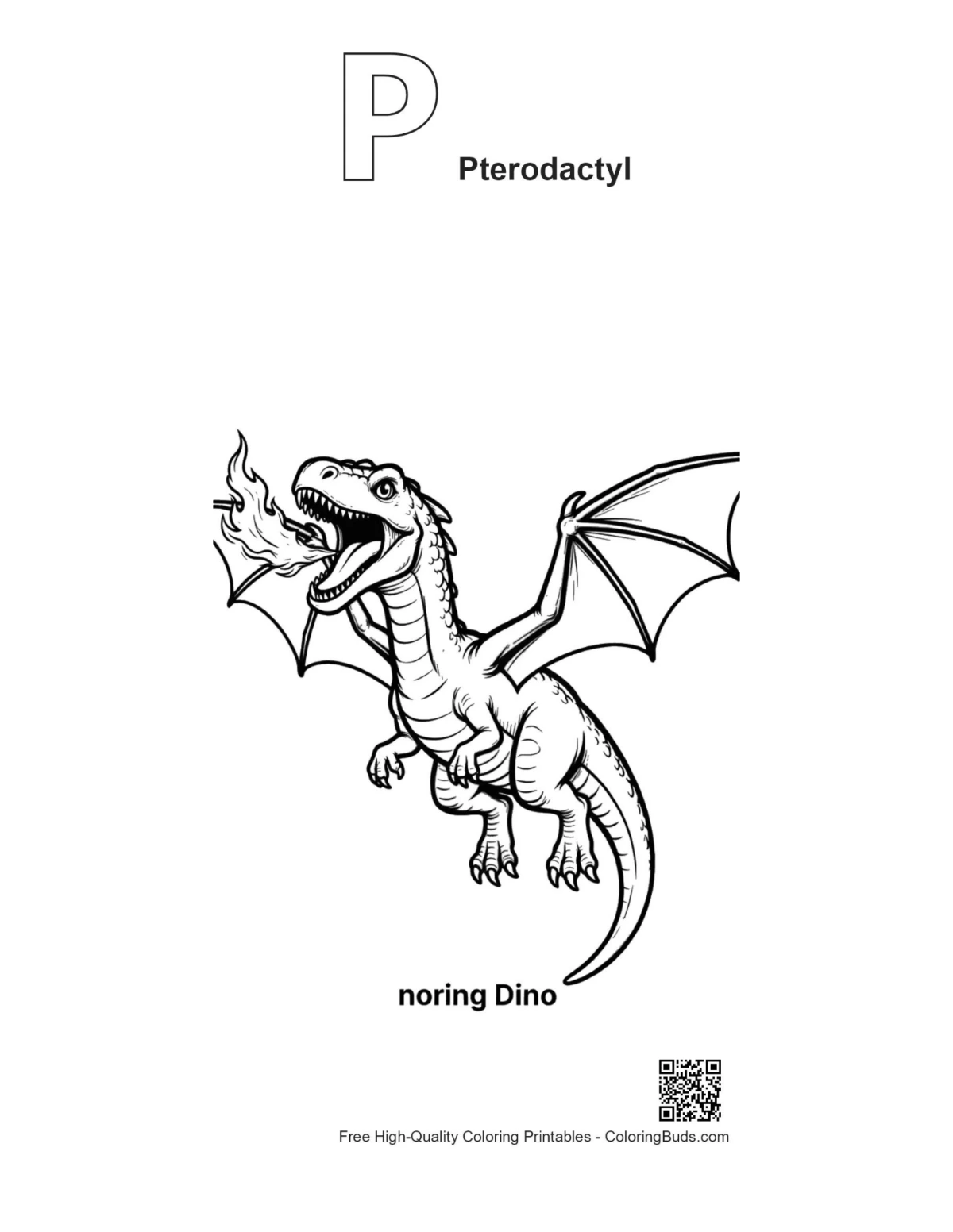 Fire-breathing pterodactyl flight outline with alphabet P printable