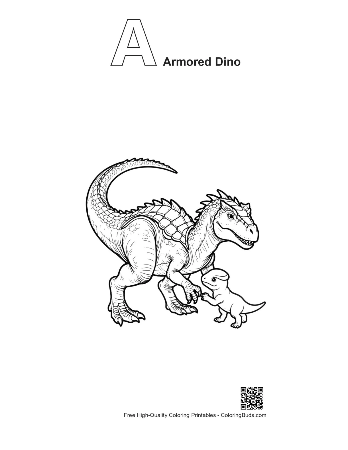 Outline adult Stegosaurus with baby dino and alphabet A