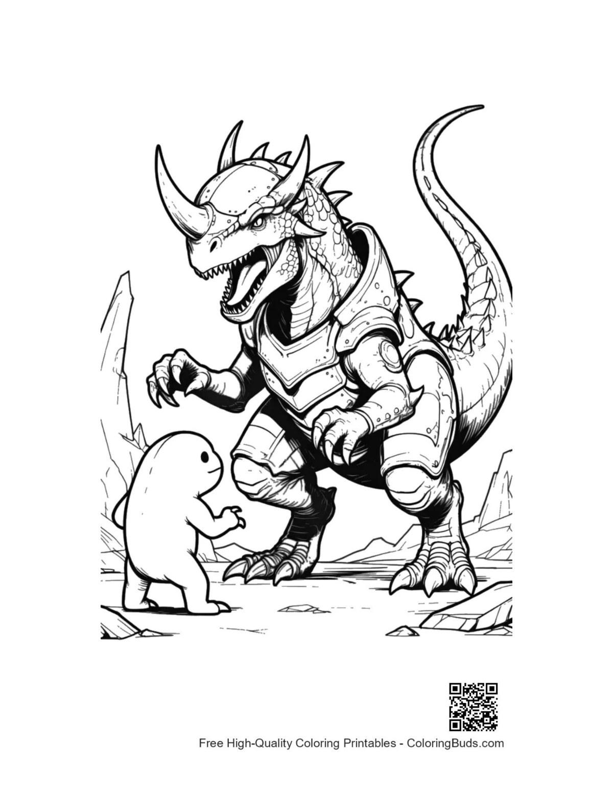 Armored Stegosaurus looming over tiny blob outline