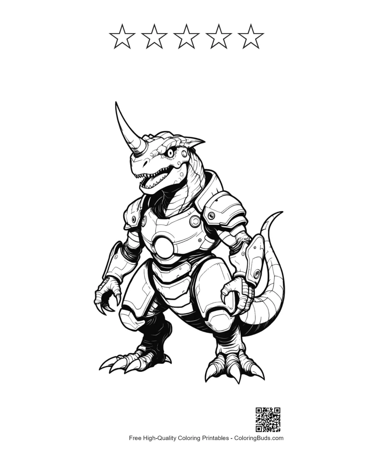 Armored dino printable with 5 star outlines