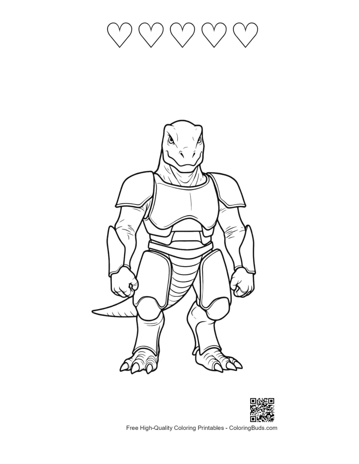 Armored dino warrior printable featuring heart outlines