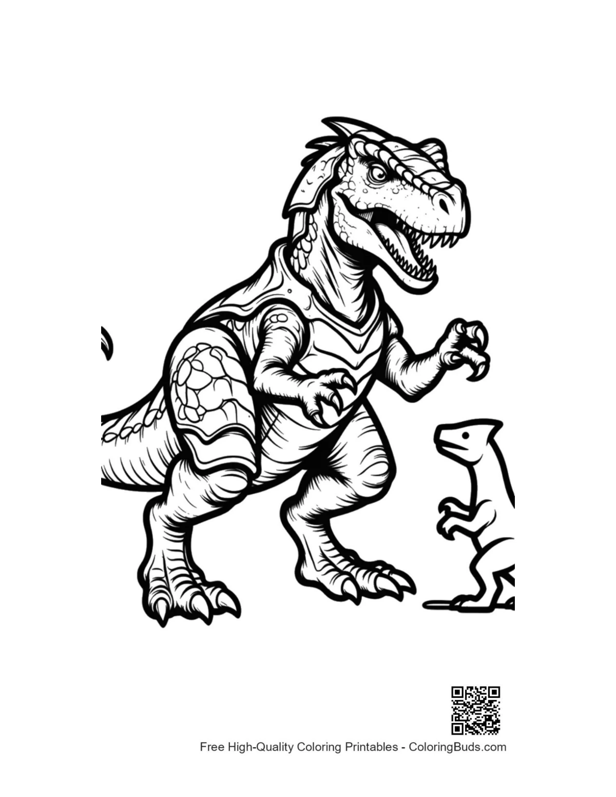 Fierce armored stegosaurus roars with baby dino