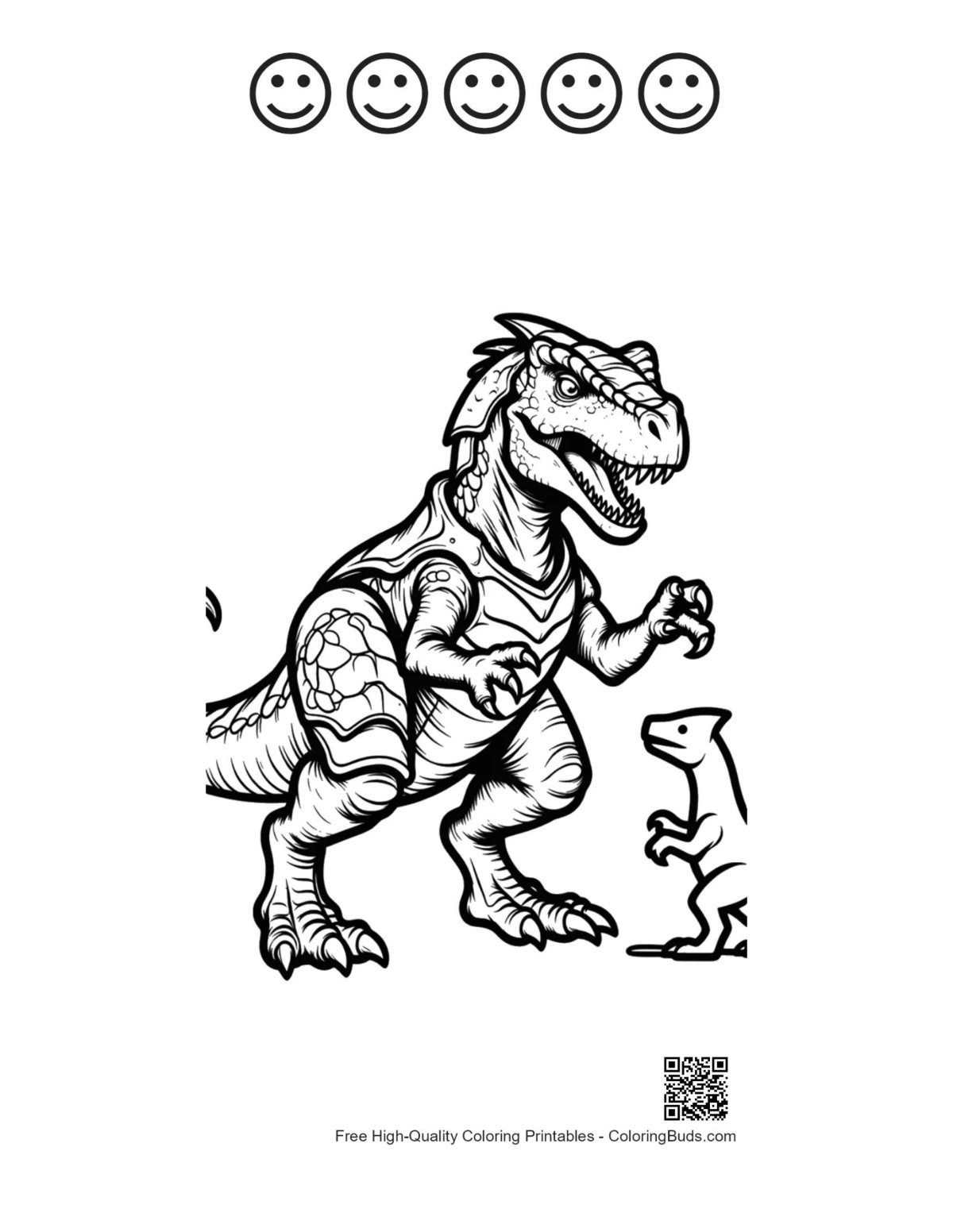 Armored dino roar with happy faces outline sheet