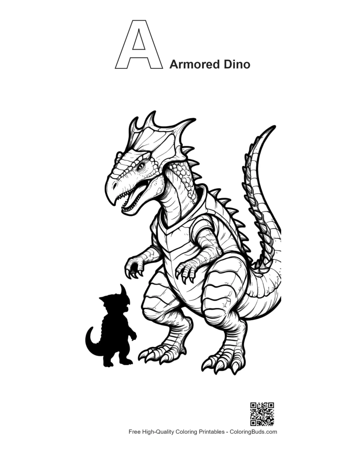 Stegosaurus guards baby dino alphabet A outline