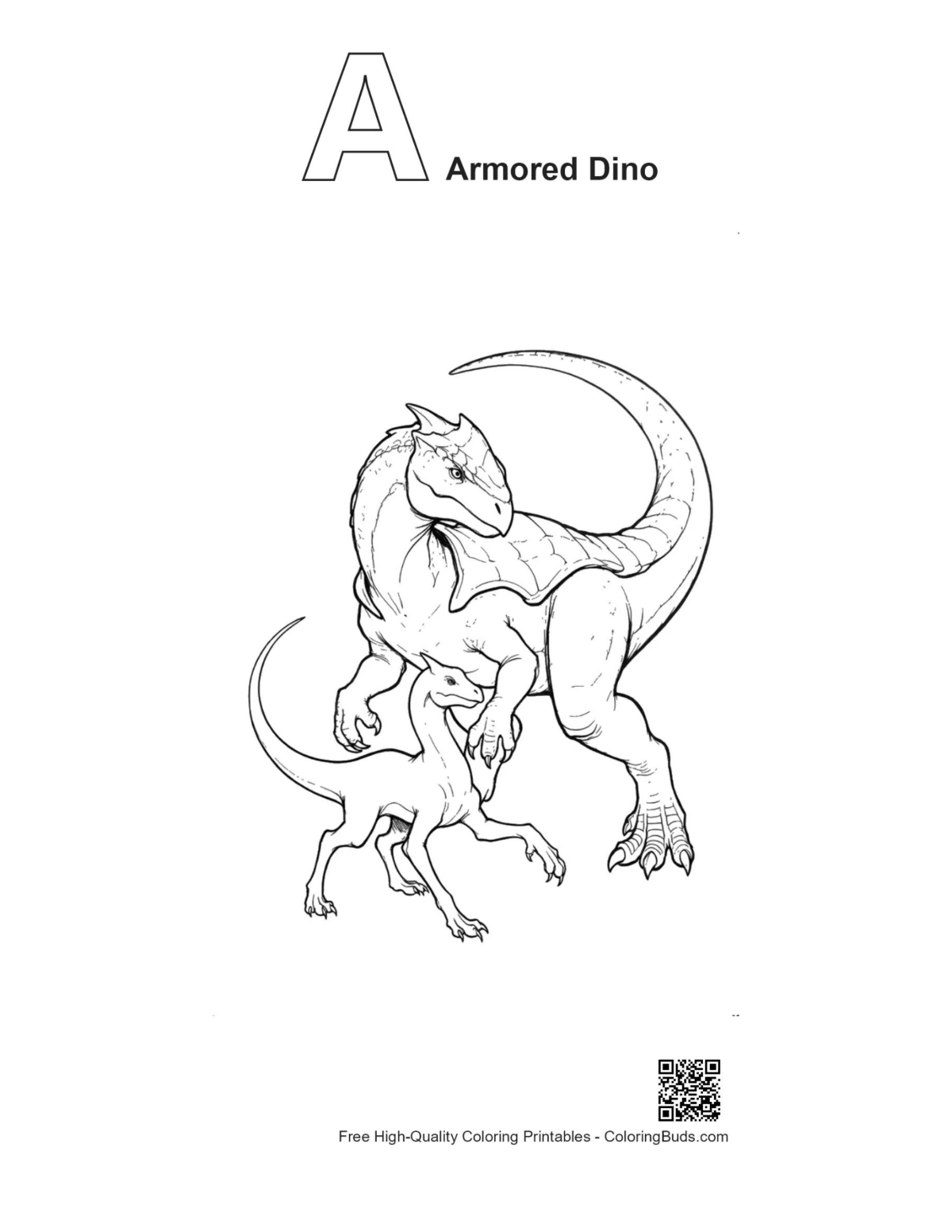 Outline alphabet A with Stegosaurus and baby armored dino