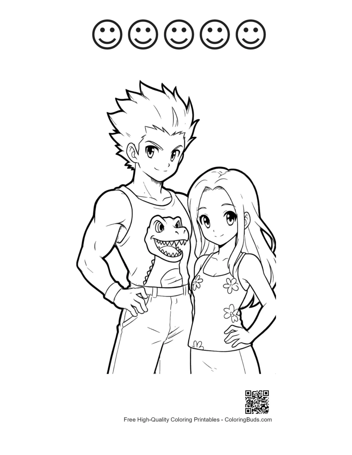 Happy face outline printable featuring muscular guy and cute girl dino pose