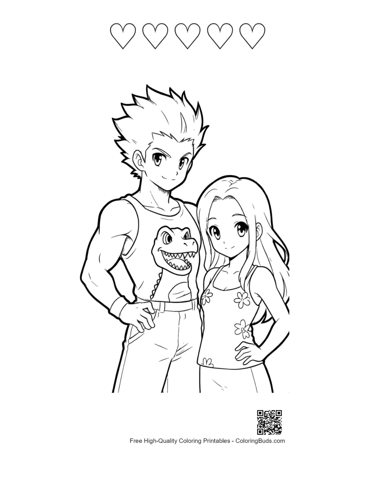 Heart outline coloring page of muscular guy dino shirt and cute girl