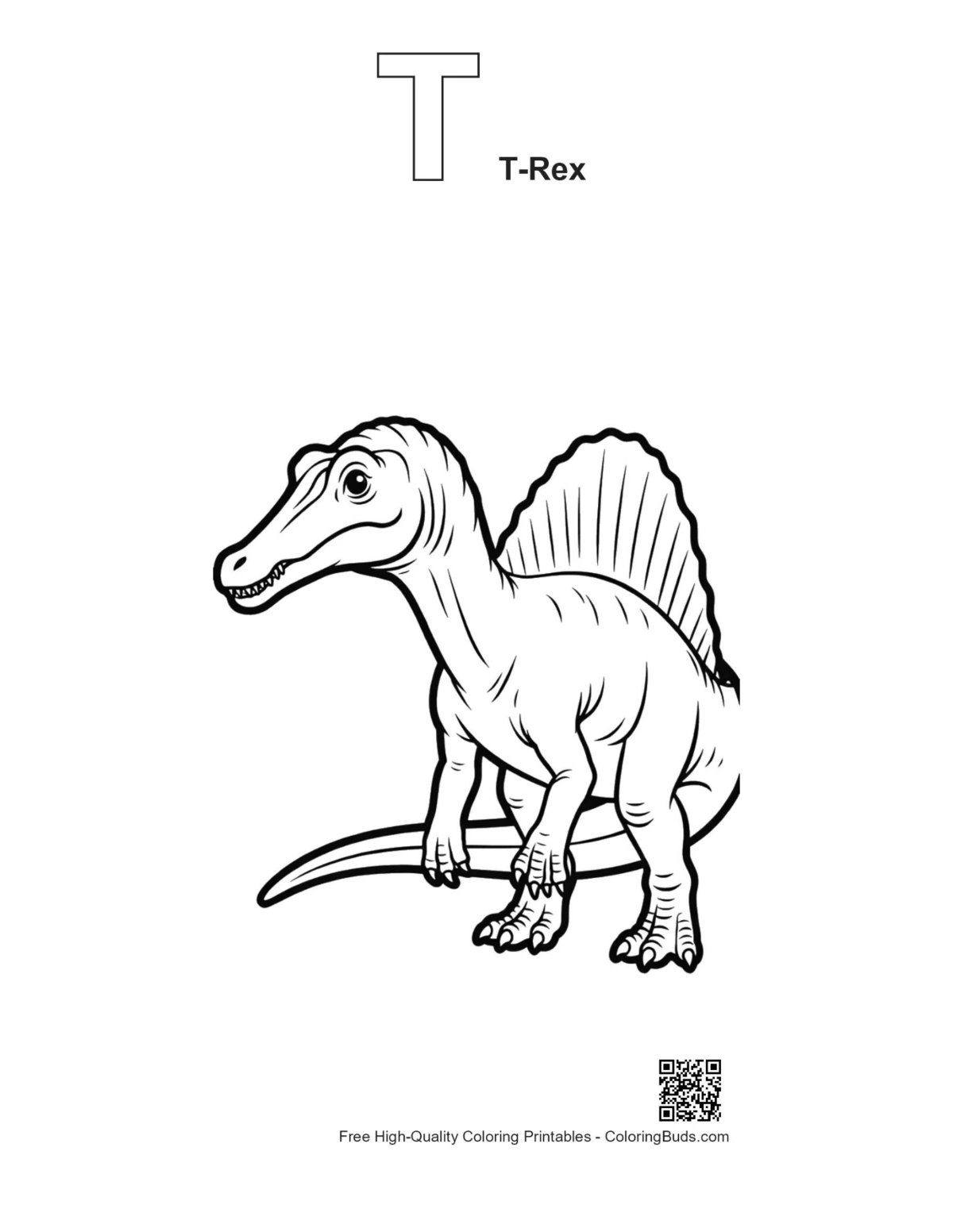 Spinosaurus coloring page with T-Rex alphabet