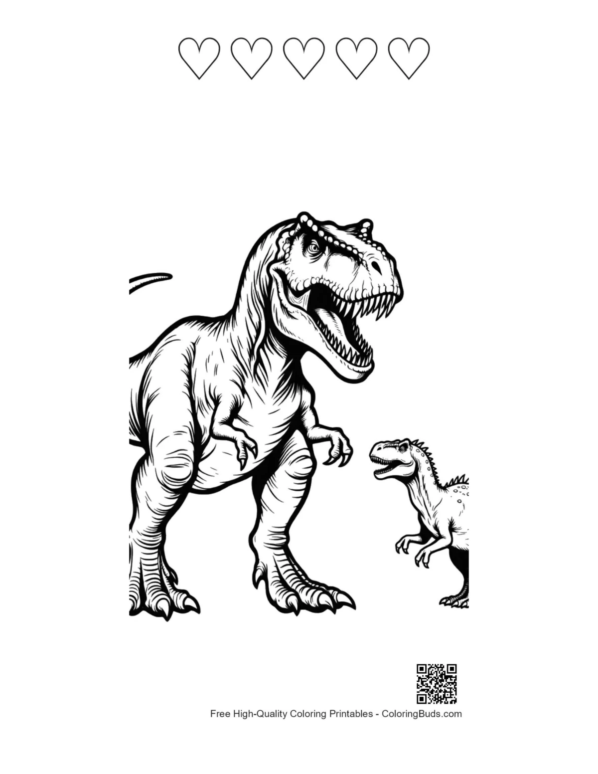 T-Rex printable with 5 heart outlines