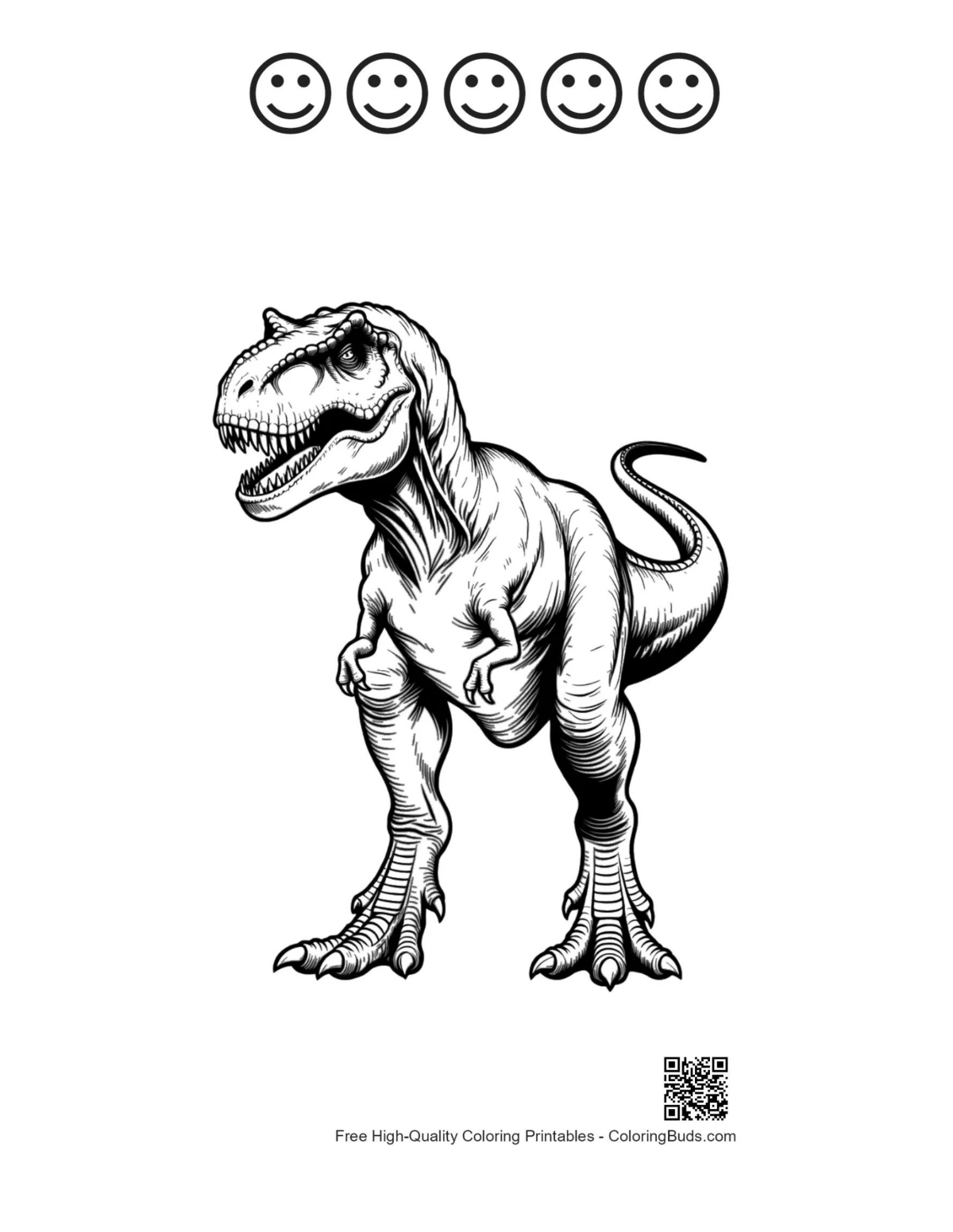 T-Rex illustration printable with 5 happy faces outline