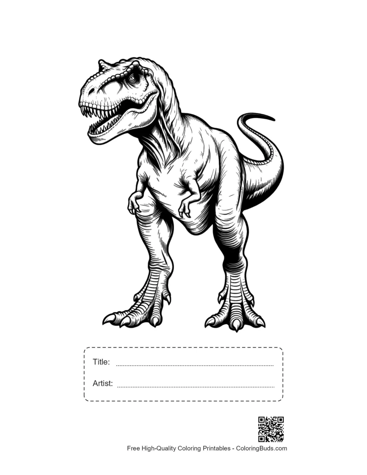 Printable T-Rex illustration with title and artist box