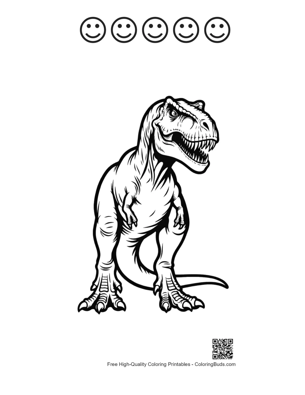Roaring T-Rex with 5 happy face outlines printable