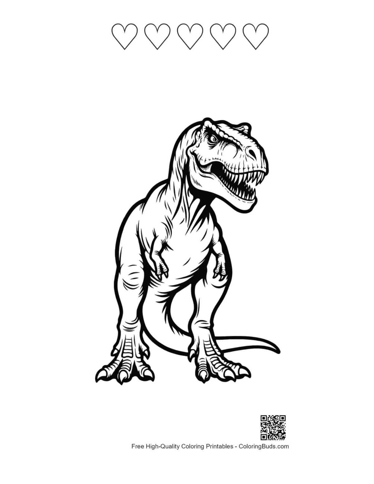 Roaring T-Rex printable featuring 5 heart outlines
