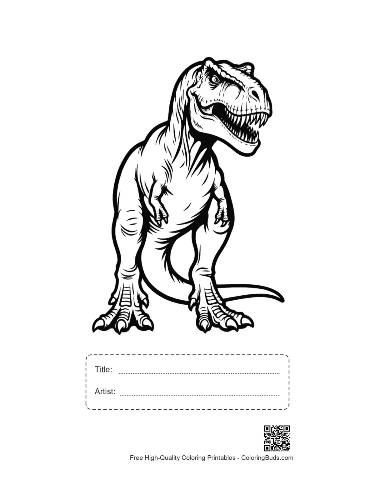 Printable roaring T-Rex with title and artist box