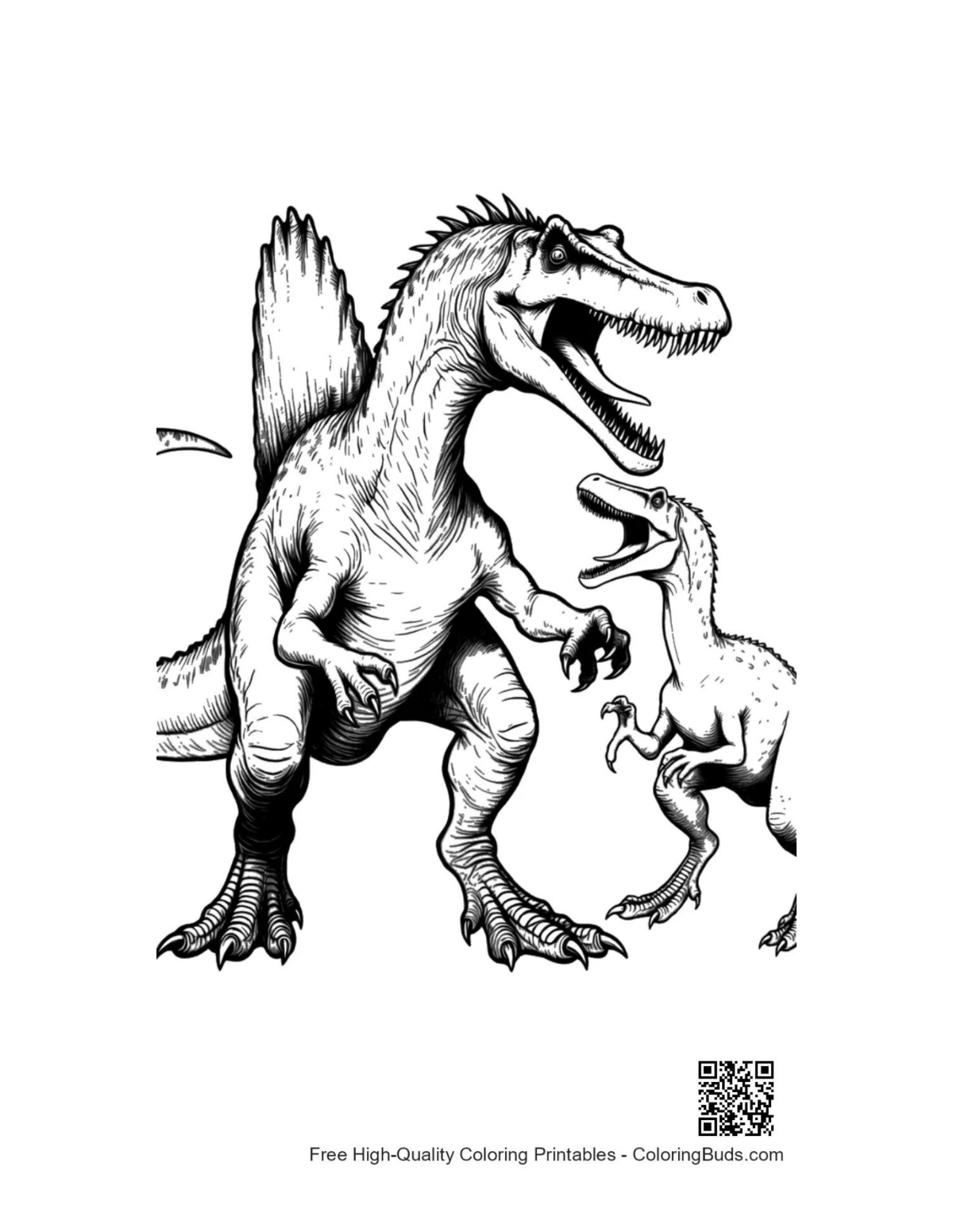 Giant Spinosaurus roaring at baby T-Rex outline