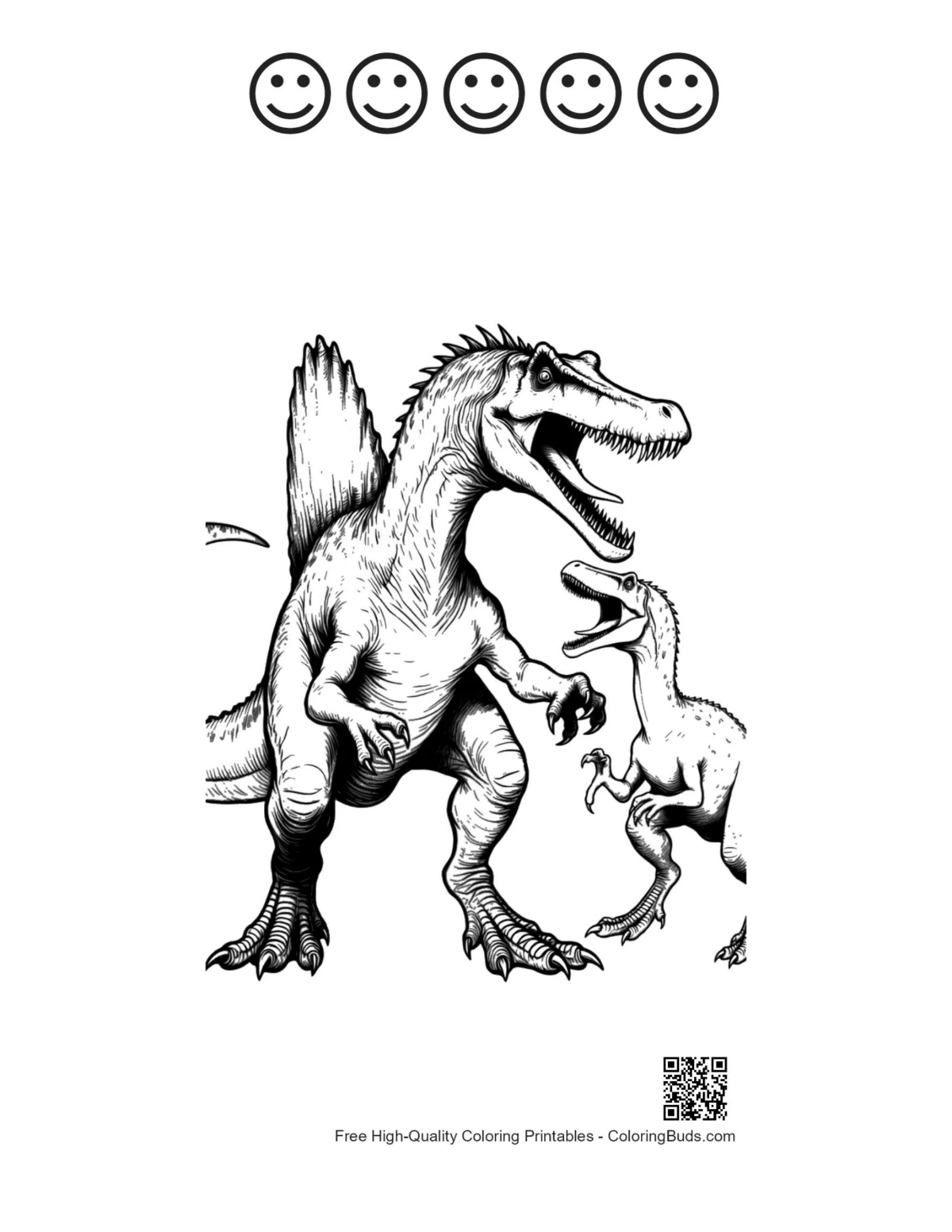 Spinosaurus roars T-Rex with happy faces outline printable