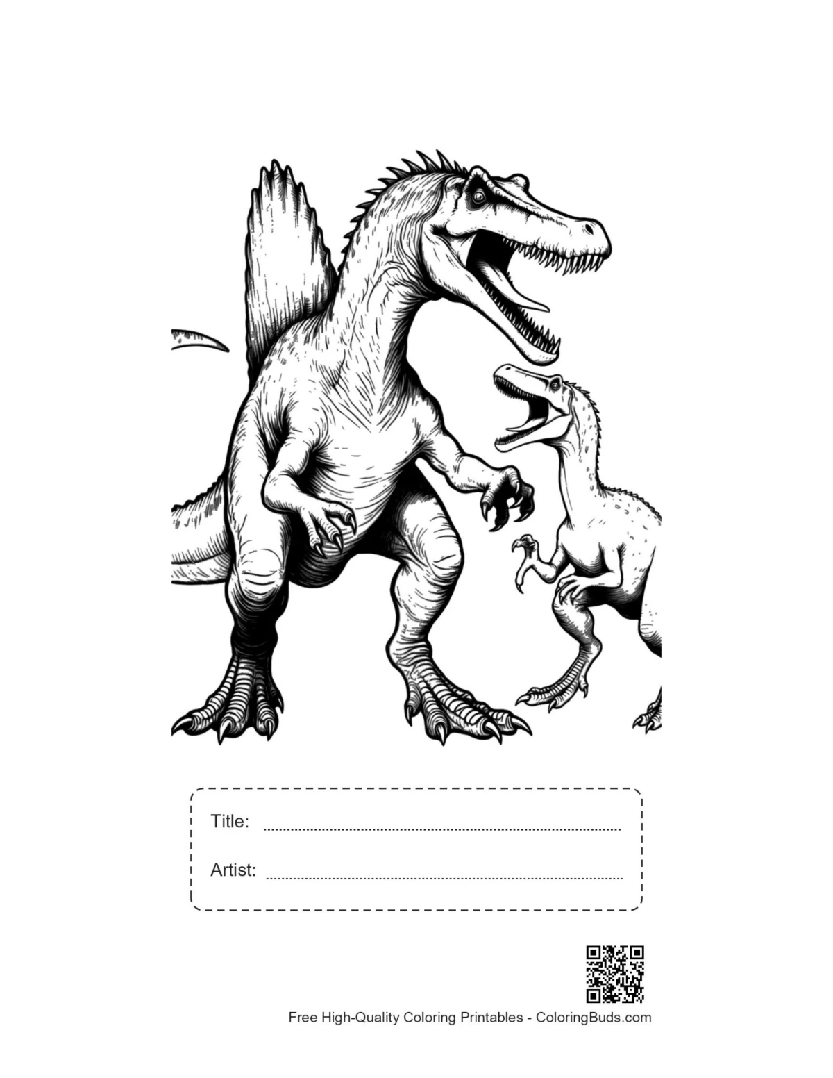 Spinosaurus roars at T-Rex printable with title box