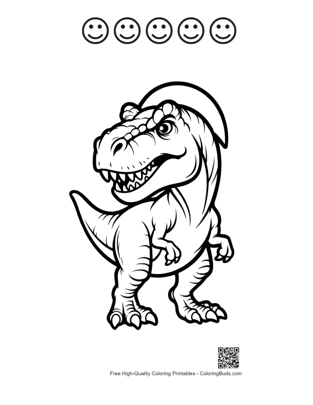 Grinning T-Rex with 5 happy face outlines printable