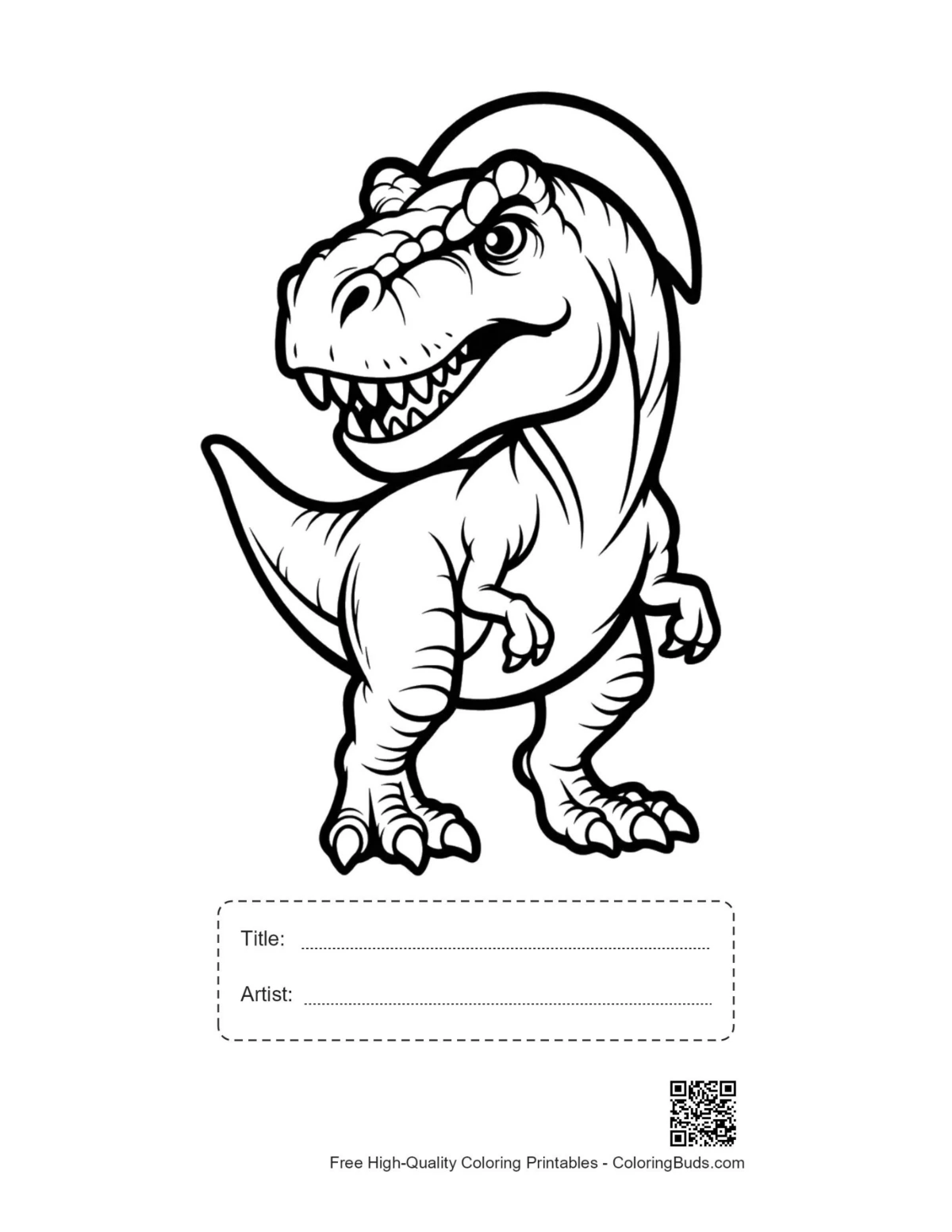 Printable grinning T-Rex with title and artist box