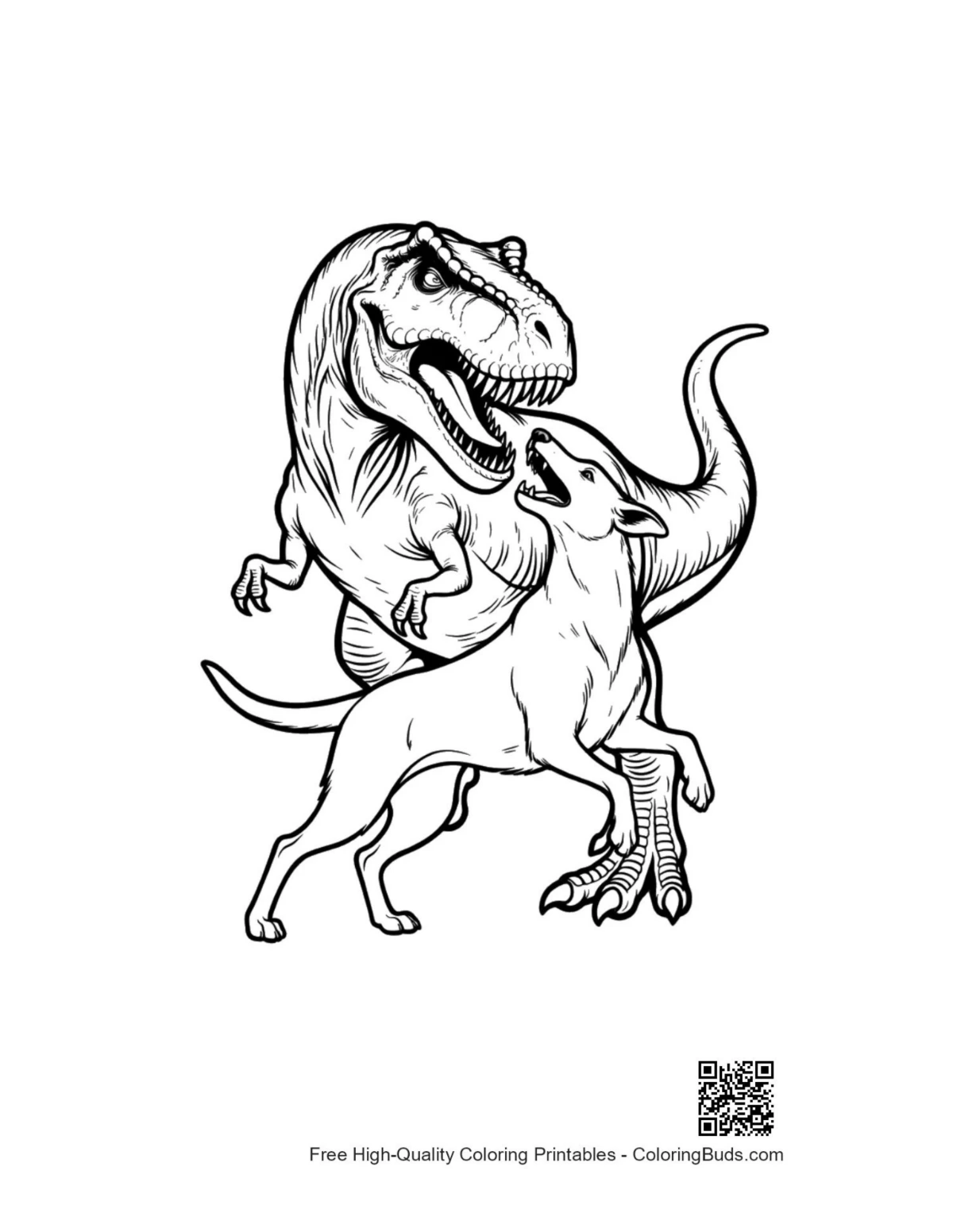 T-Rex playfully wrestling dog coloring page