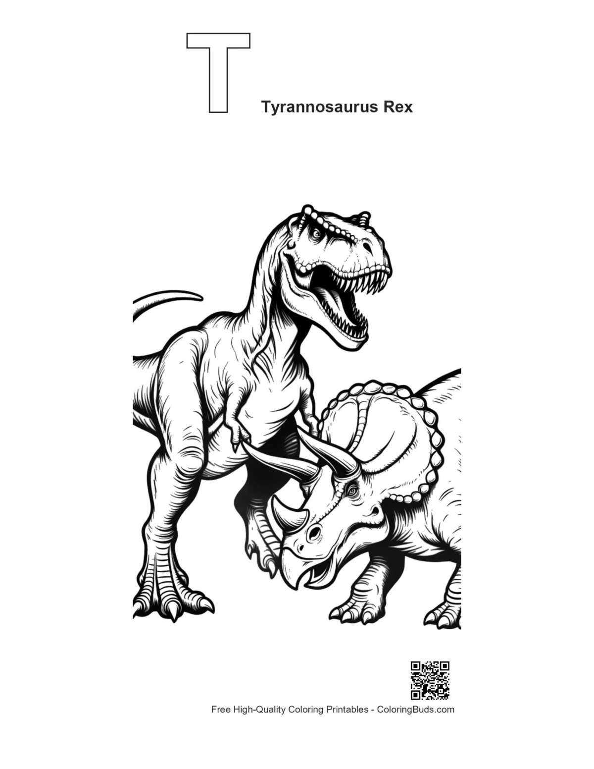 T-Rex clash printable outline with alphabet T tyrannosaurus rex