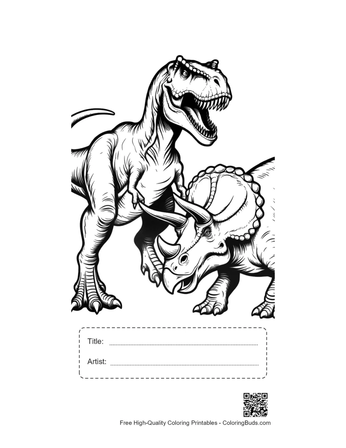 T-Rex vs Triceratops printable with title artist box outline