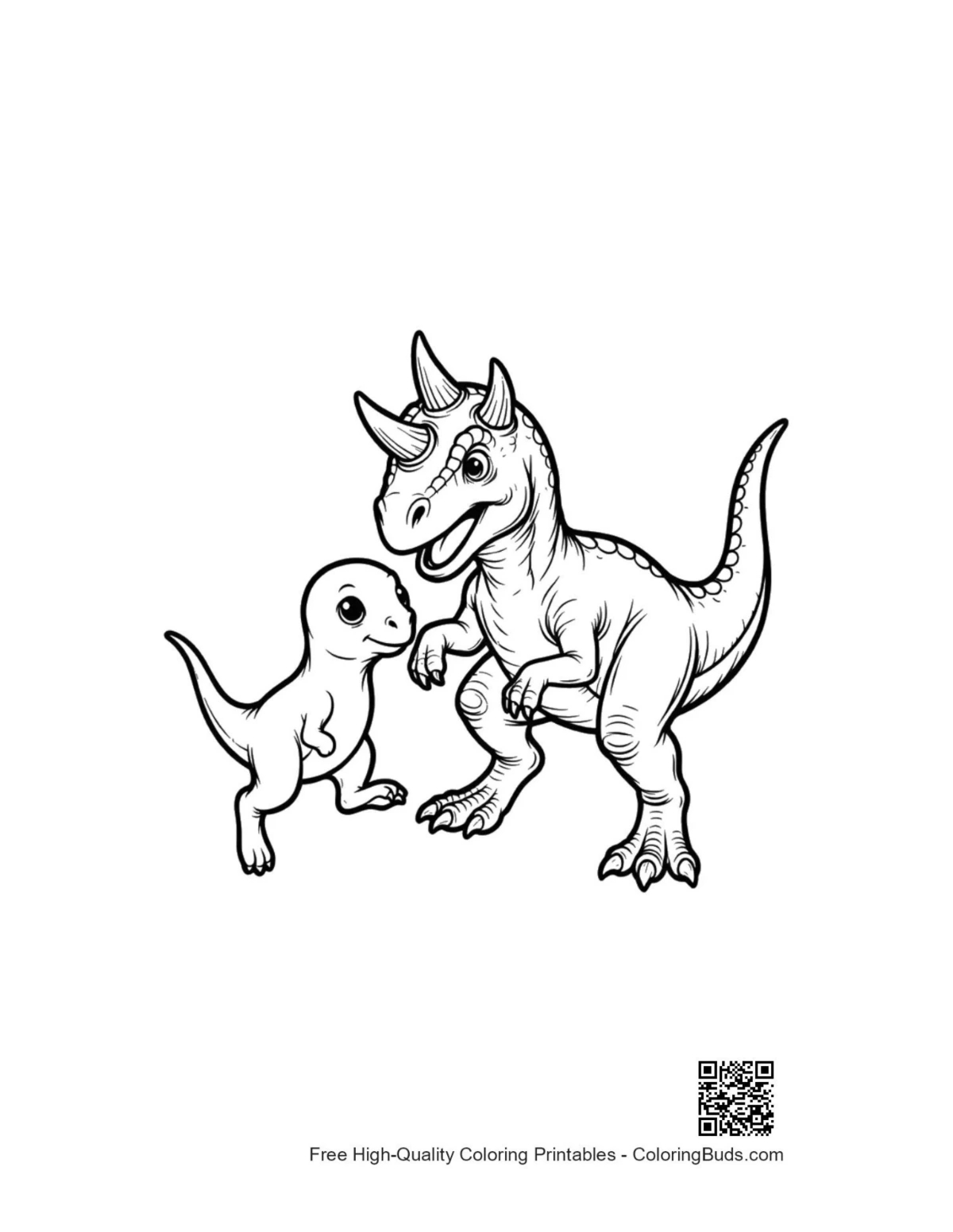 Cute triceratops parent and baby outline for coloring