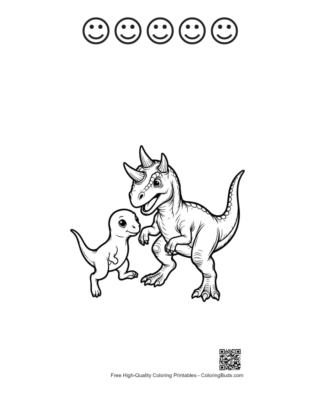 Cute triceratops with happy faces in printable outline