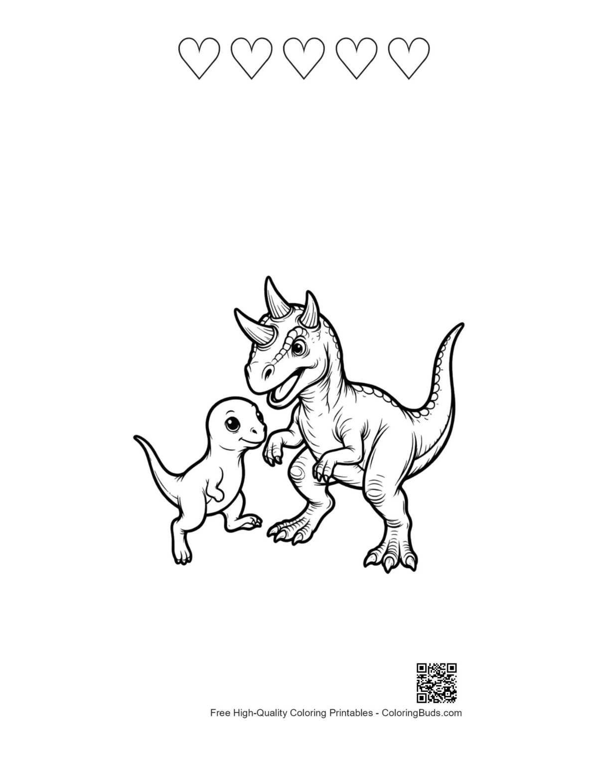 Triceratops parent and baby with heart outlines printable
