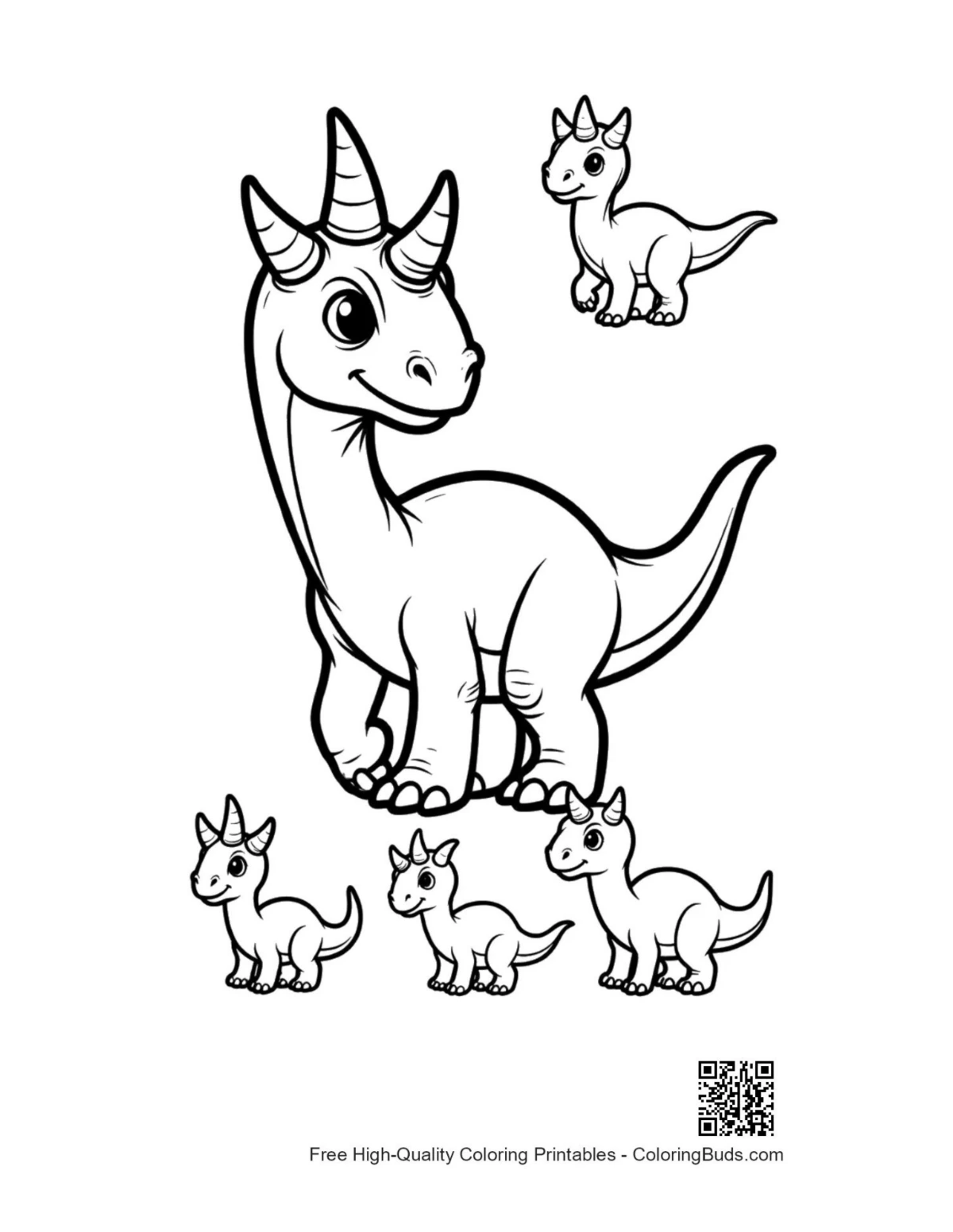 Cheerful triceratops family coloring page printable