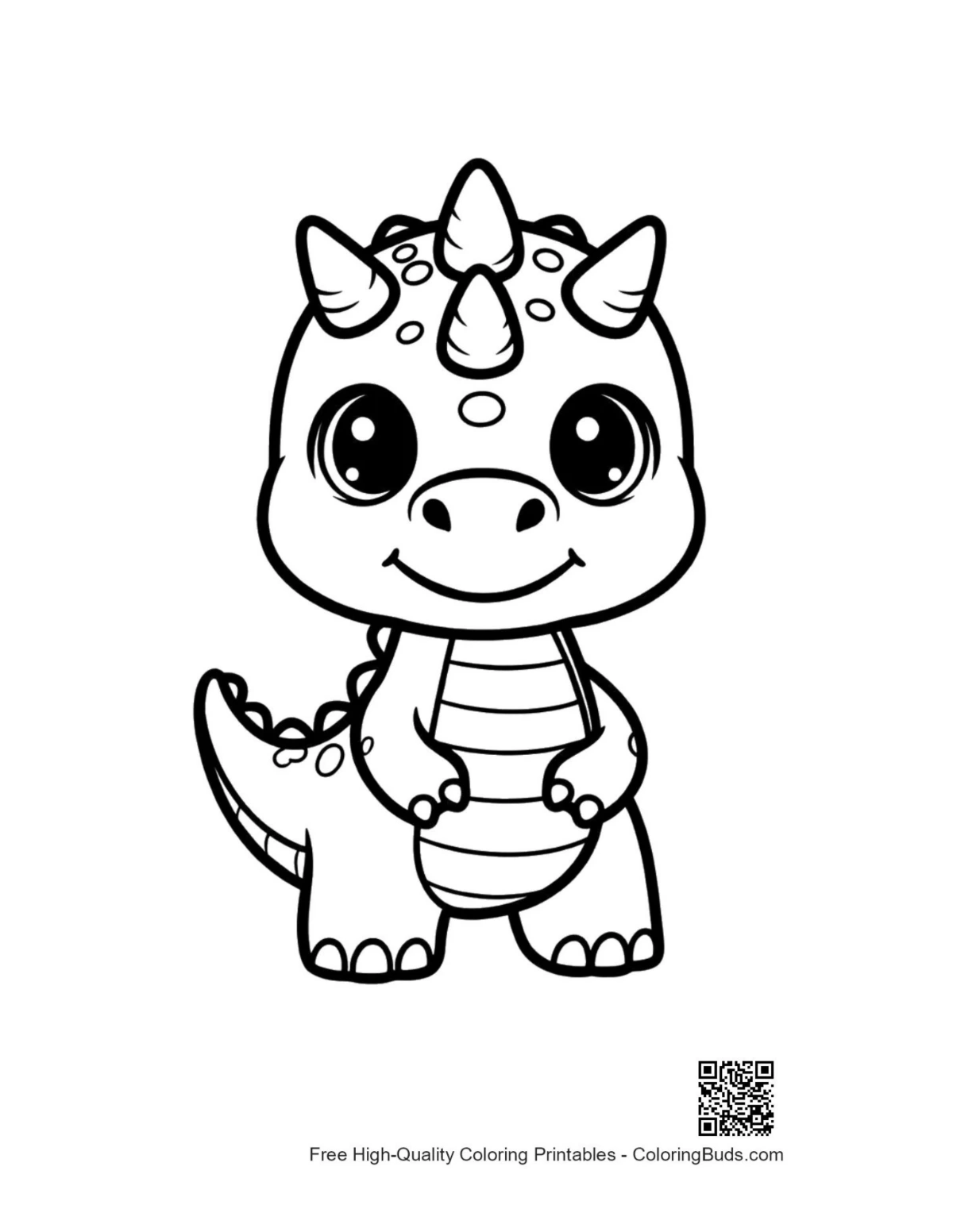 Ausmalbild: Niedliches Triceratops-Baby lächelt verspielt.