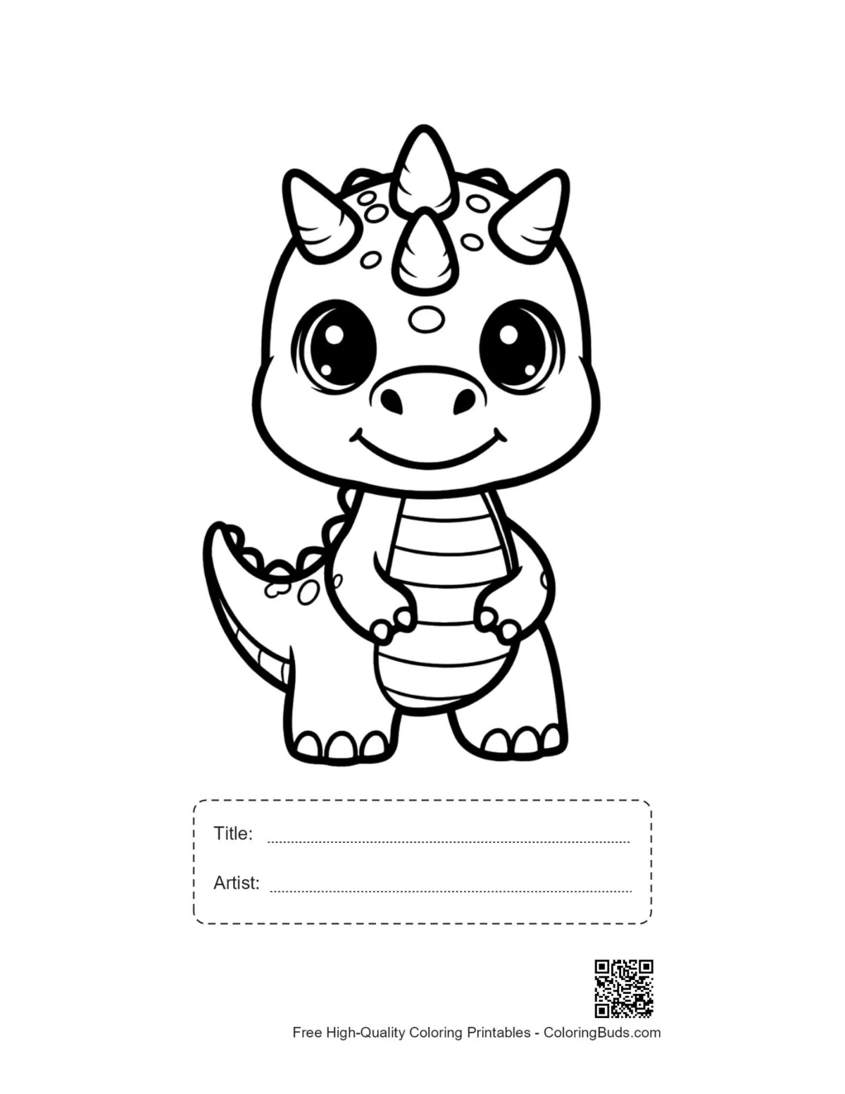 Niedliche, auszum Ausdrucken Baby-Triceratops-Vorlage mit Titel und Künstlerbox