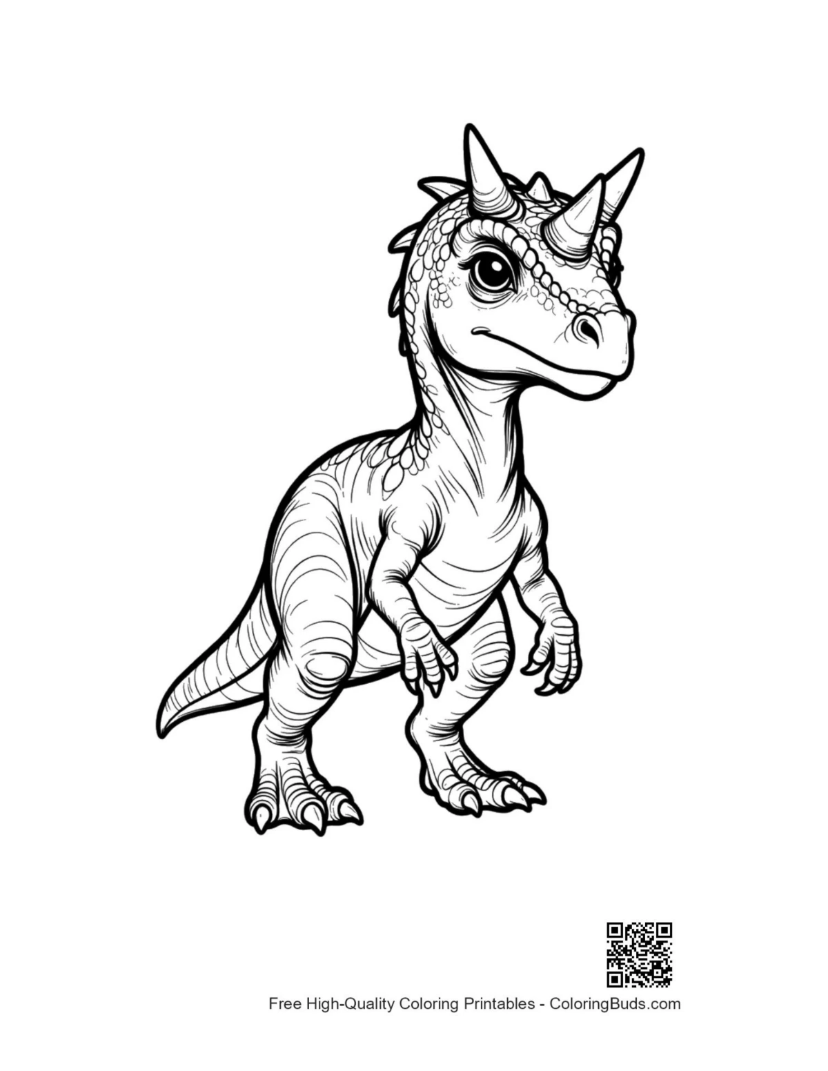 Cute baby triceratops standing fiercely coloring page