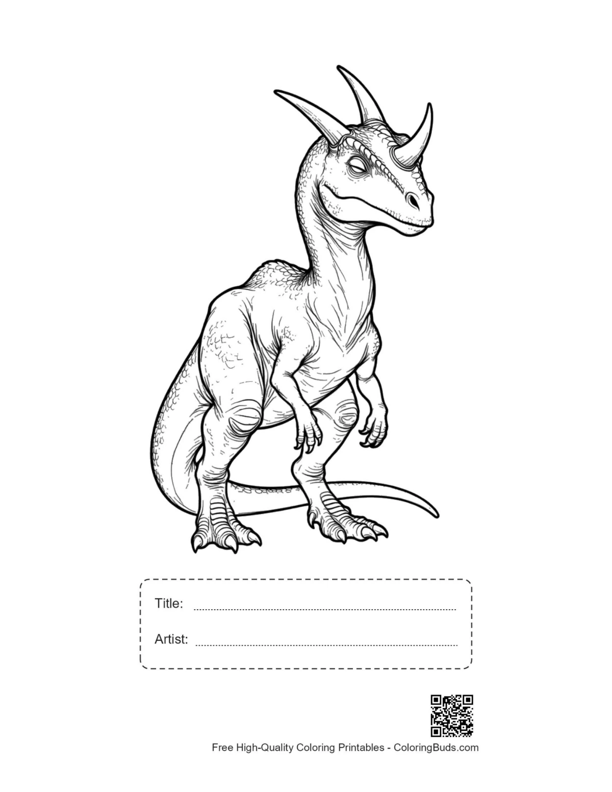 ภาพวาดเส้นไทรเซราทอปส์ดุร้ายสำหรับพิมพ์ พร้อมช่องใส่ชื่อเรื่อง