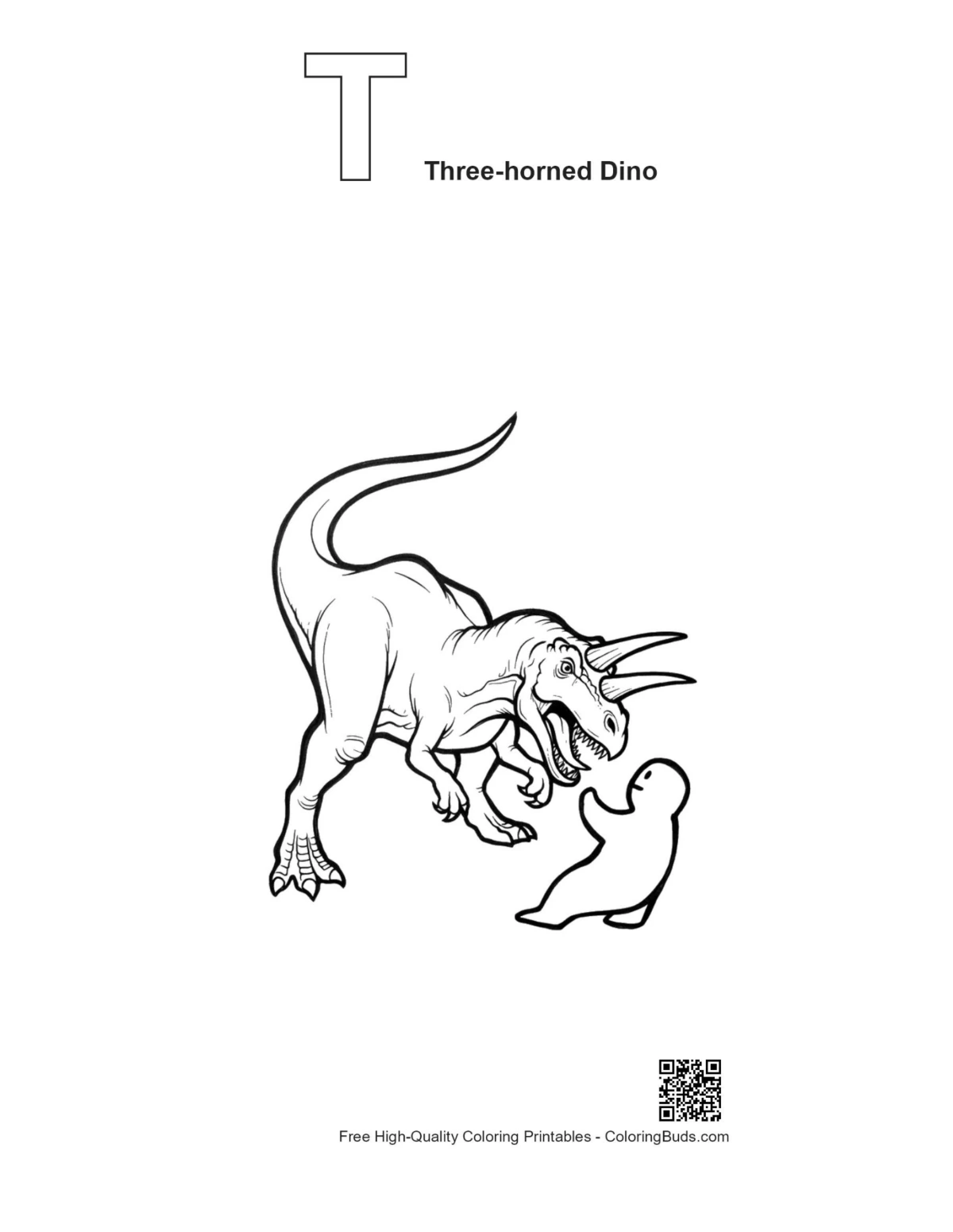 Three-horned dino alphabet T outline coloring
