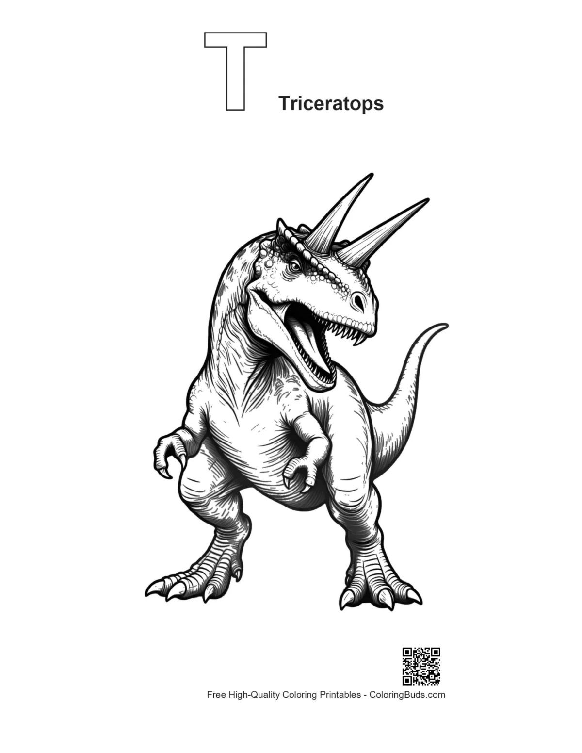 Triceratops outline with alphabet T printable