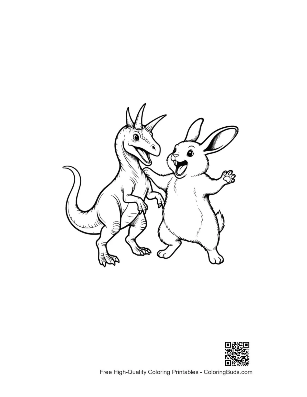Joyful triceratops dancing with bunny coloring page
