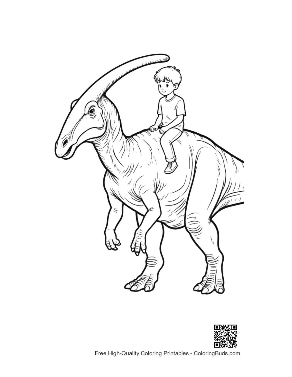 Boy riding gentle Parasaurolophus coloring page