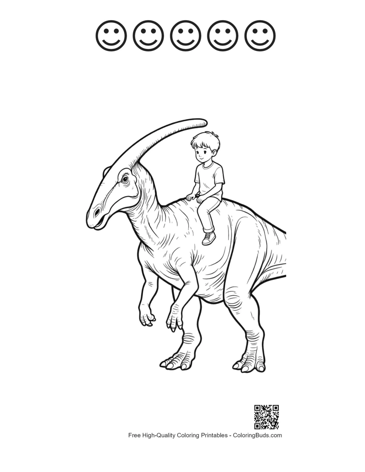 Happy faces on Parasaurolophus boy riding printable