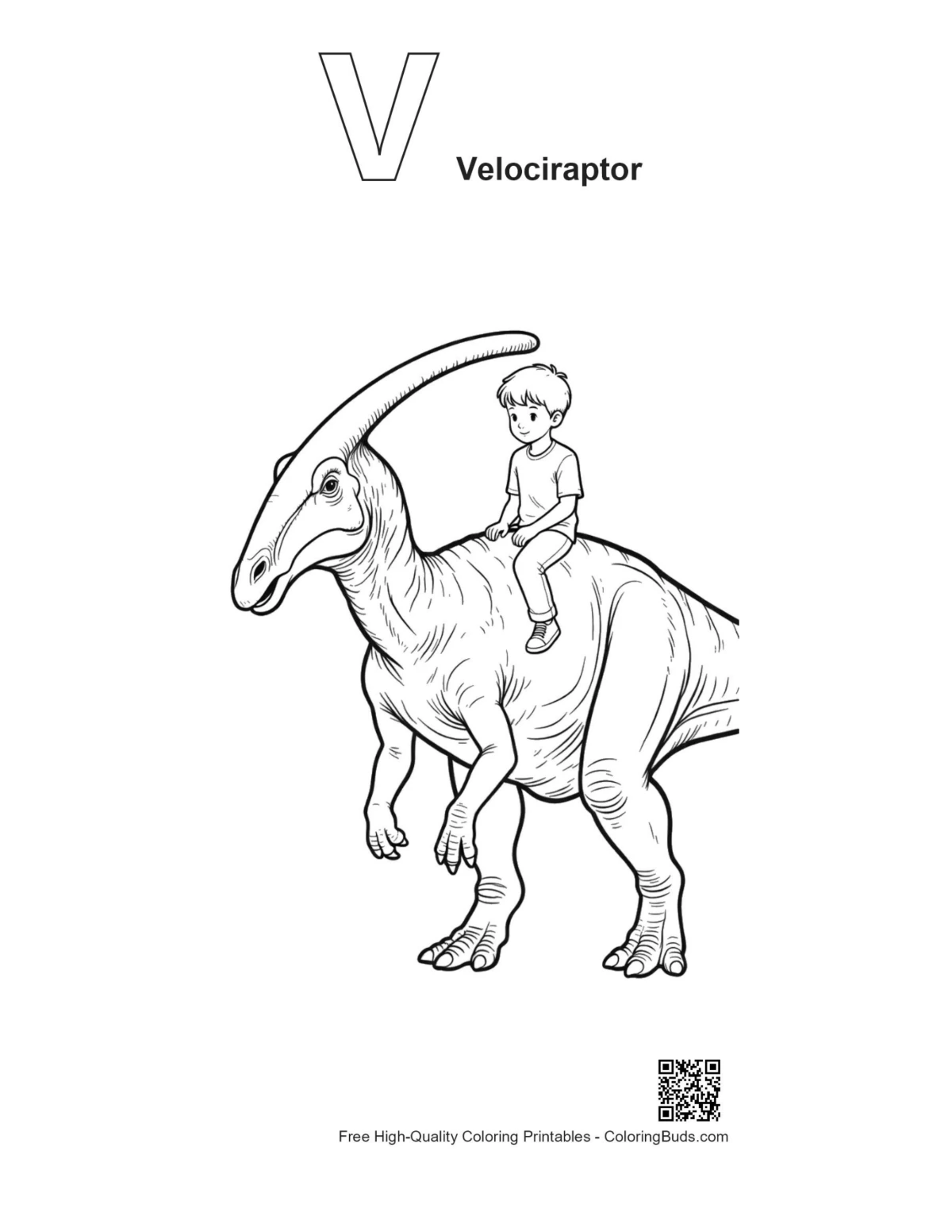 Boy on Parasaurolophus with velociraptor alphabet outline