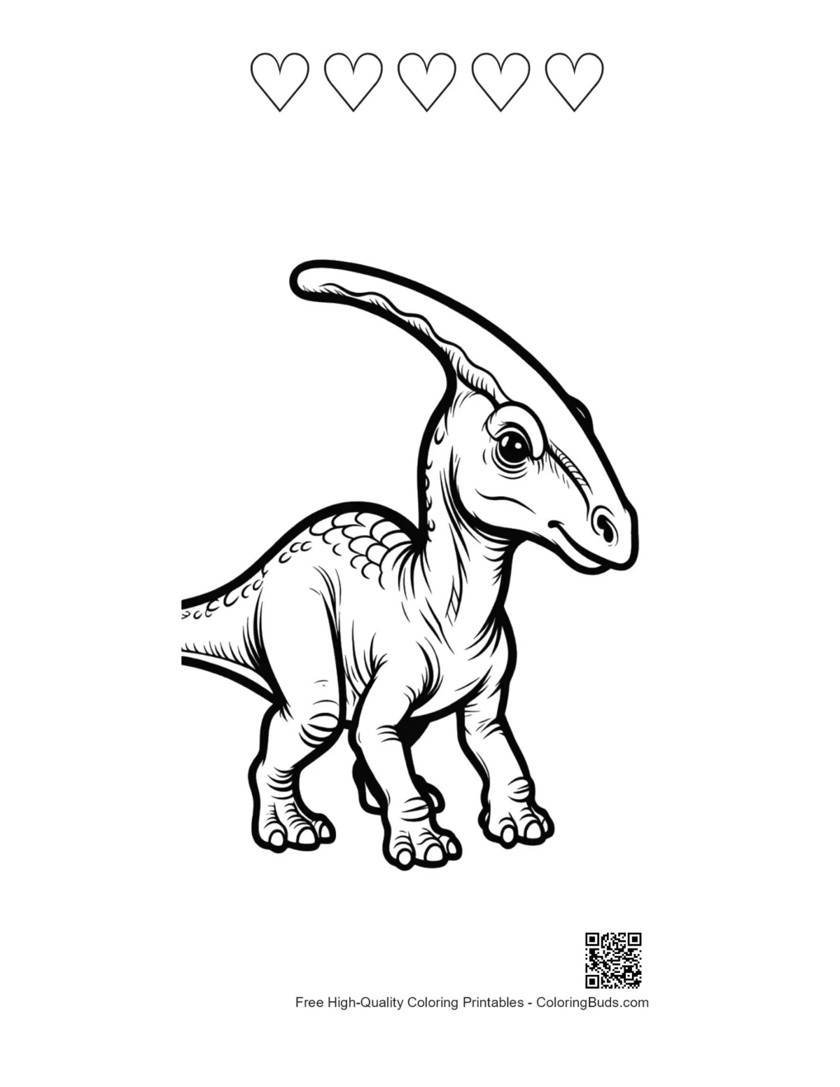 Baby dino Parasaurolophus with 5 hearts outline