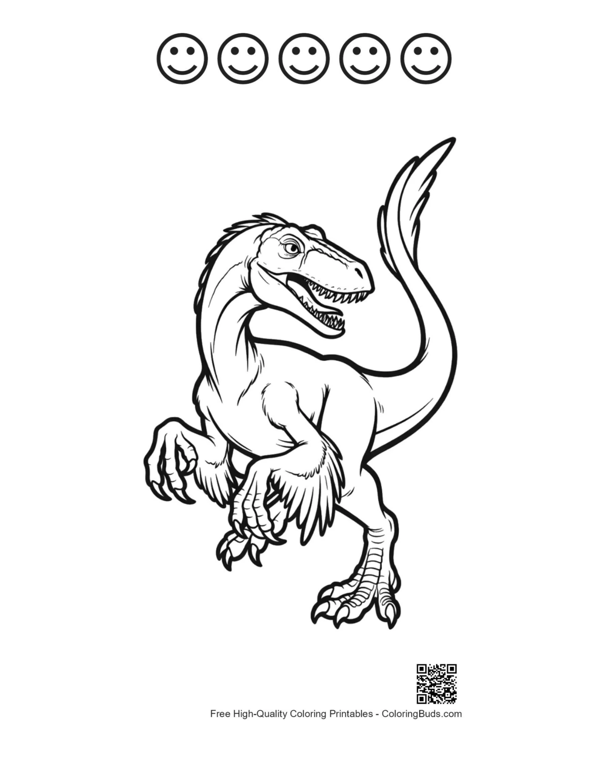 Fierce velociraptor with 5 happy face outlines printable