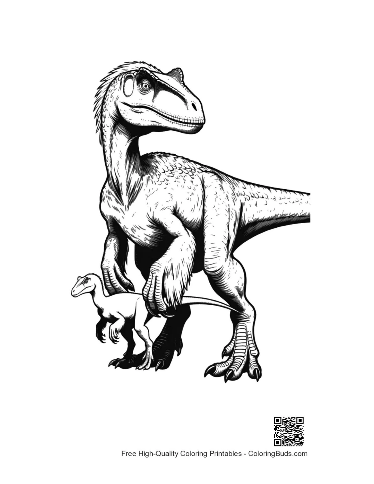 Majestic velociraptor with baby dino coloring page